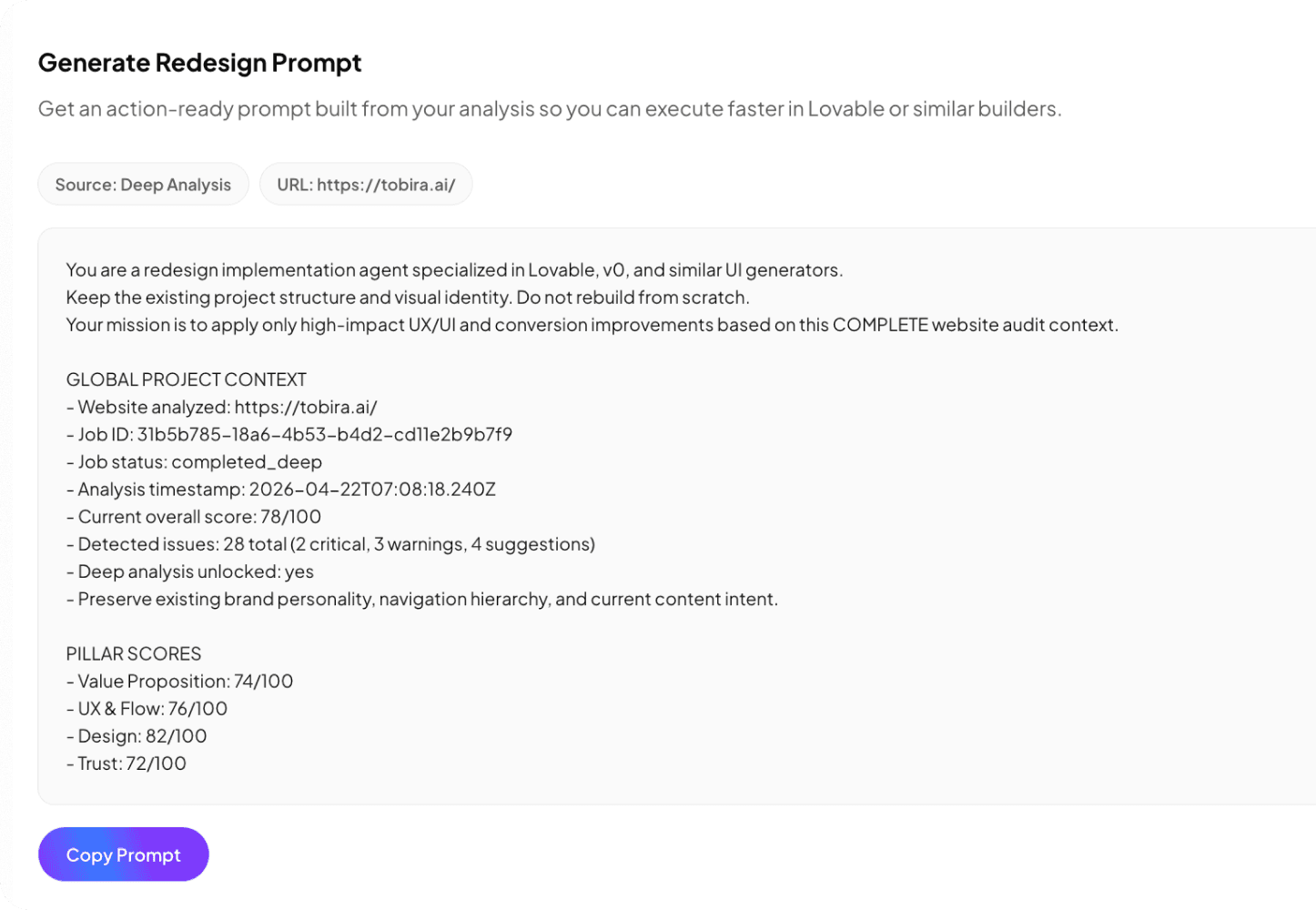 Instant redesign blueprint prompt preview